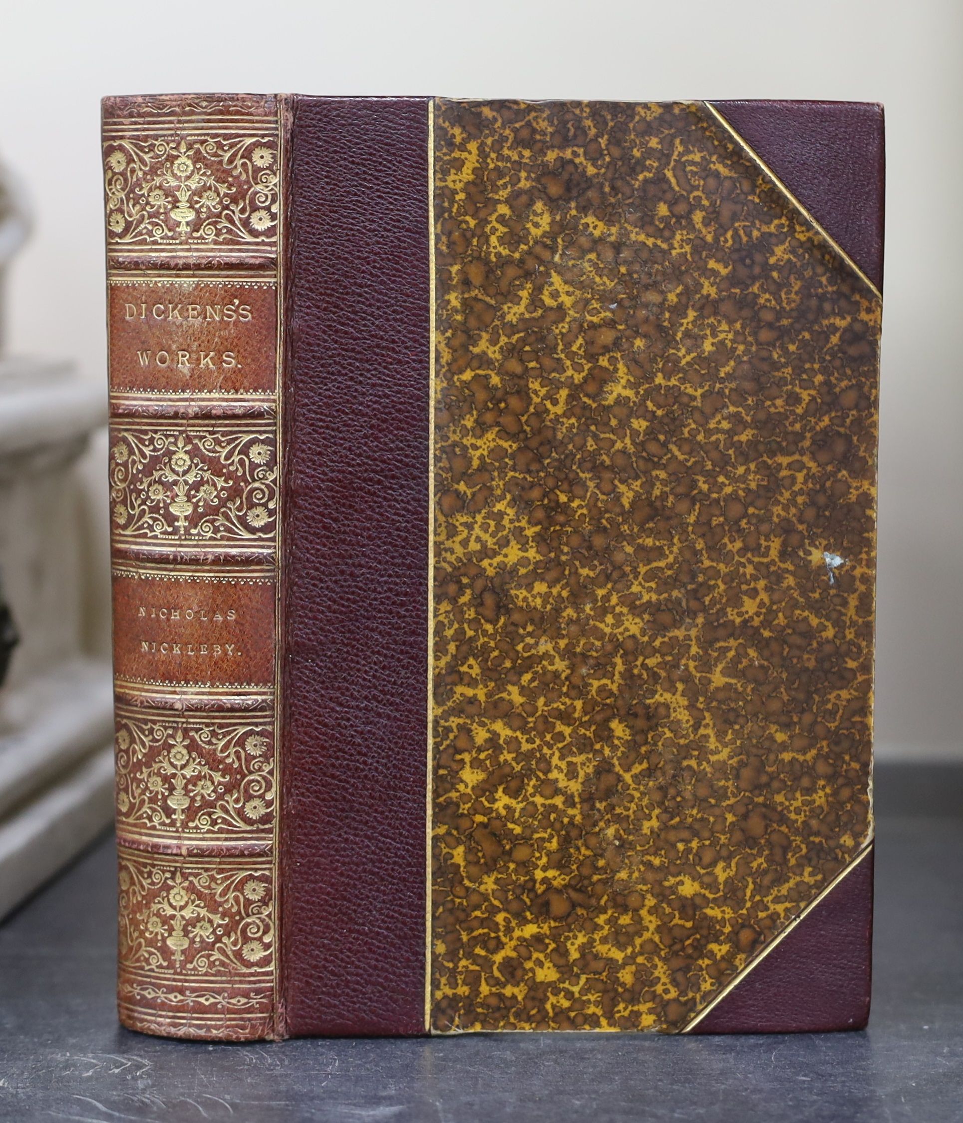 Dickens, Charles - Works, 17 vols, 8vo, half red morocco with marbled boards, the spines gilt in six compartments, each volume profusely illustrated with engravings, Chapman and Hall, London, 1890